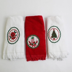 Lot Of 3 Fieldcrest Red/White Christmas Embroidered Hand Towels 11" x 16"