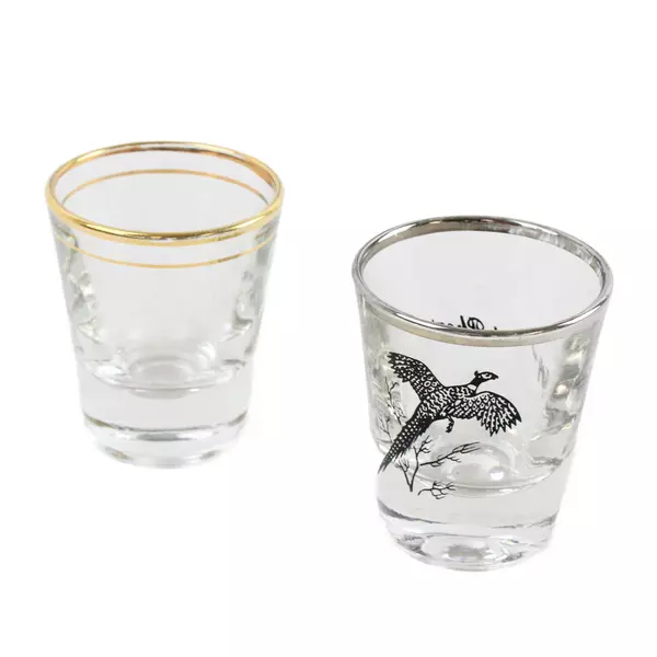 Lot of 2 Vintage Ring-Necked Pheasant Shot Glasses Gold Rim Clear