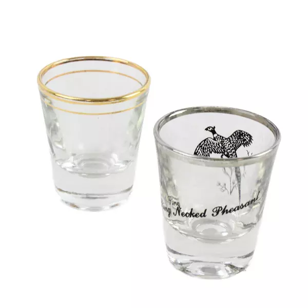 Lot of 2 Vintage Ring-Necked Pheasant Shot Glasses Gold Rim Clear