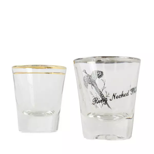 Lot of 2 Vintage Ring-Necked Pheasant Shot Glasses Gold Rim Clear