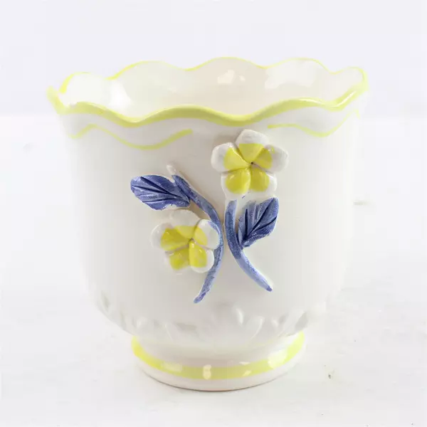 Vintage Belleek Ireland Floral Planter Yellow & Blue Flowers w/ Small Chip