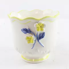 Vintage Belleek Ireland Floral Planter Yellow & Blue Flowers w/ Small Chip