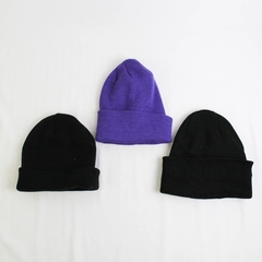 Lot Of 3 Unbranded Solid Color 2 Black & 1 Purple Beanies Hat One Size Fits Most