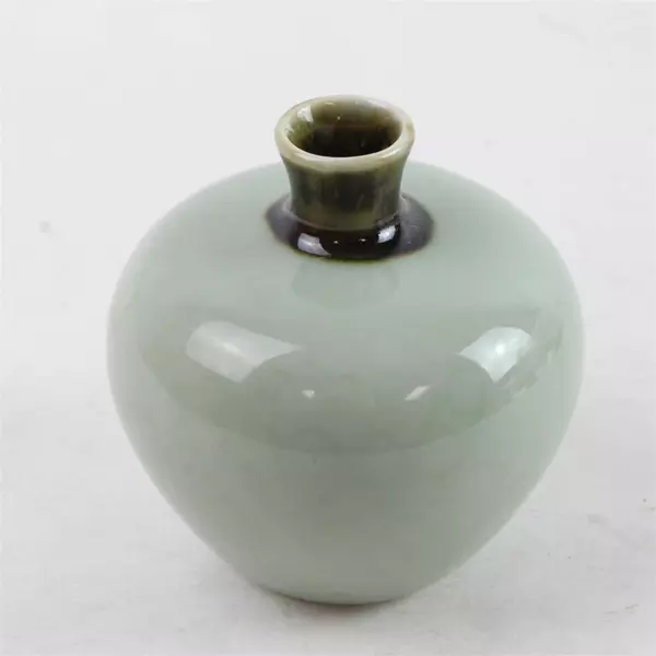 Celadon Glazed Ceramic Vase Brown Rim Neck Round Bottom 4in