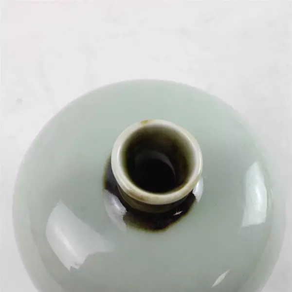 Celadon Glazed Ceramic Vase Brown Rim Neck Round Bottom 4in