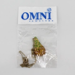 Omni Jewelers Teardrop Art Glass Pendant Necklace Green Orange with Gold Glitter