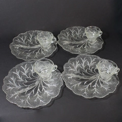 Set of 4 Indiana Glass Pebble Leaf Clear Snack Cup And Plate Sets 