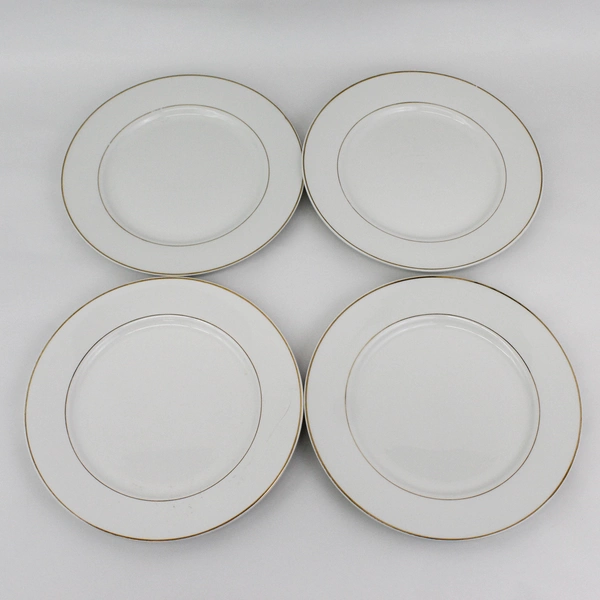 Set of 4 Gibson China Anniversary Golden Dinner Plates White Gold Band Trim