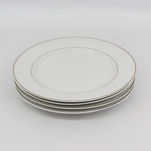 Set of 4 Gibson China Anniversary Golden Dinner Plates White Gold Band Trim