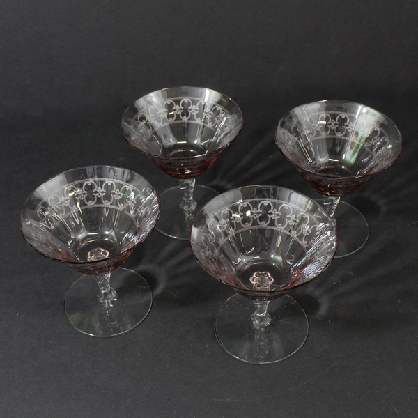 4 Vintage Fostoria Etched Spartan Orchid Low Sherbet Glasses 4 1/8"