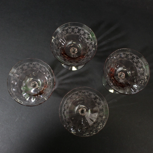 4 Vintage Fostoria Etched Spartan Orchid Low Sherbet Glasses 4 1/8"