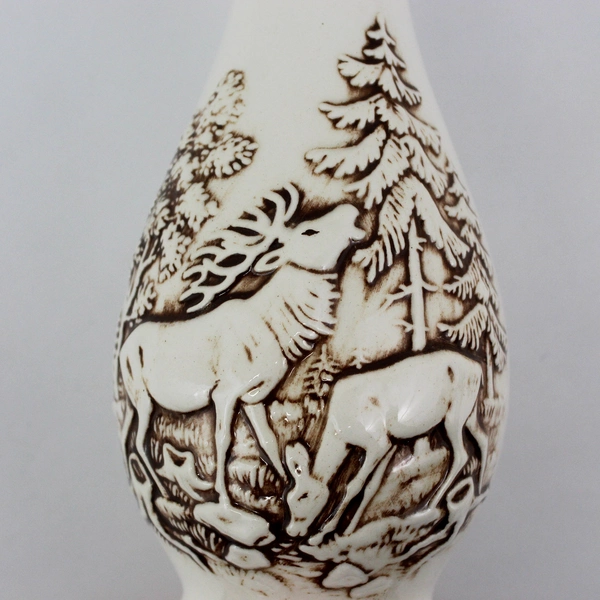Ceramic Pottery Vase Elk Bull and Cow Forest Scene 10.5"