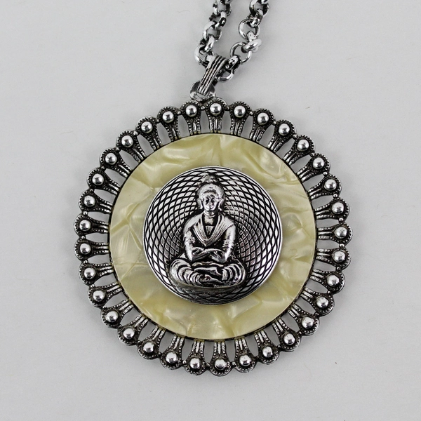 Perfect Silver Tone Buddha And Mother Of Pearl Inlay Pendant Necklace 21.5"
