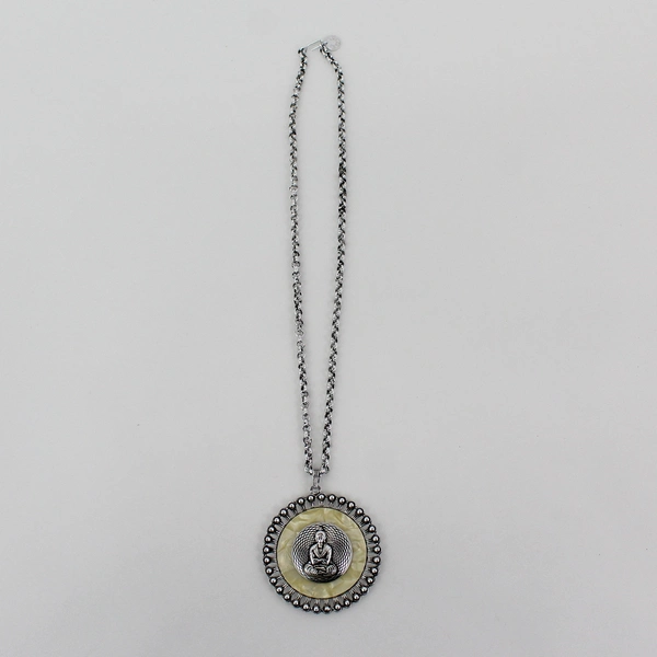 Perfect Silver Tone Buddha And Mother Of Pearl Inlay Pendant Necklace 21.5"