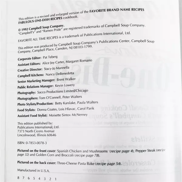 Hardcover Campbell's Fabulous One-Dish Recipes Cookbook (Favorite All Time)