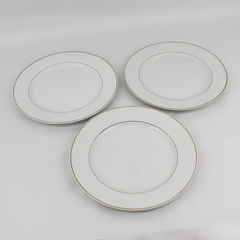 3 Gibson China Anniversary Golden Dinner Plates White w/ Gold Band Trim 10.5” 