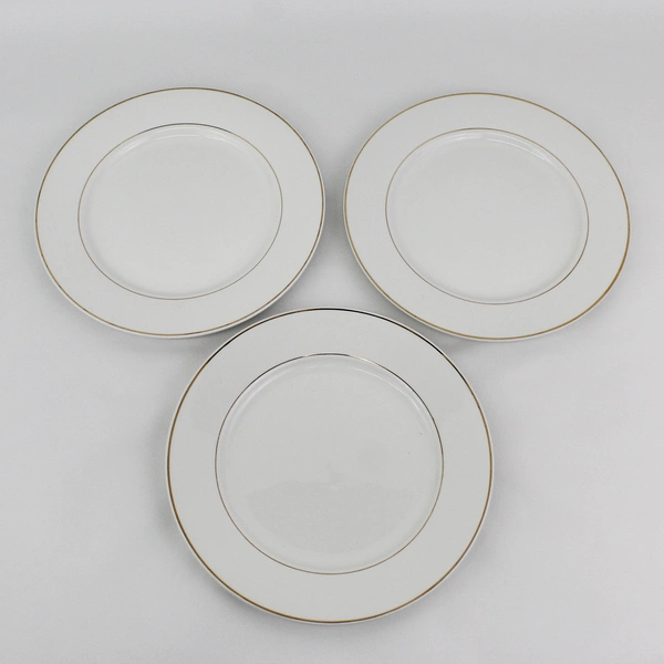 3 Gibson China Anniversary Golden Dinner Plates White w/ Gold Band Trim 10.5” 
