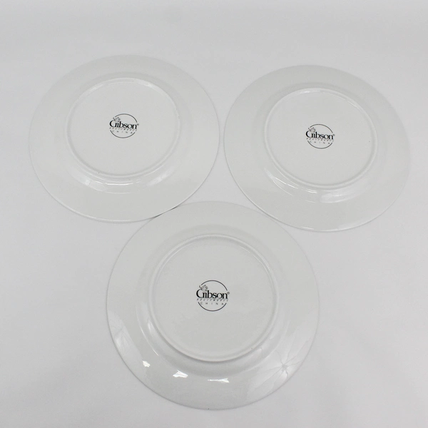 3 Gibson China Anniversary Golden Dinner Plates White w/ Gold Band Trim 10.5” 