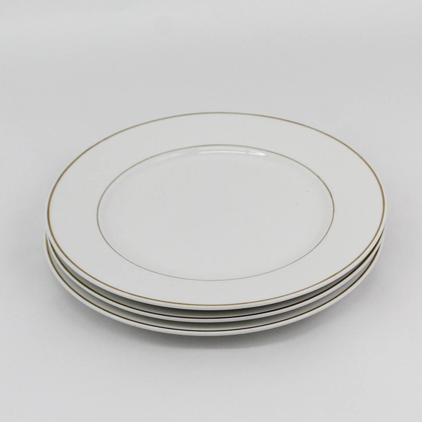 3 Gibson China Anniversary Golden Dinner Plates White w/ Gold Band Trim 10.5” 