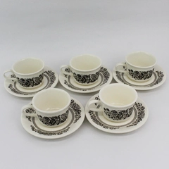 Set of 5 Sussex By Royal Ironstone Cups & Saucers White Brown Floral Pattern