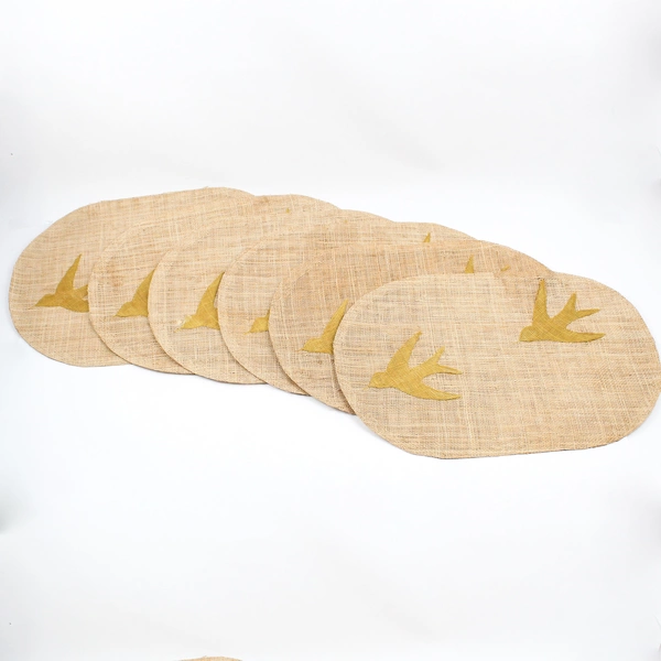 Set of 6 Vintage Woven Burlap Placemats Embroidered Birds