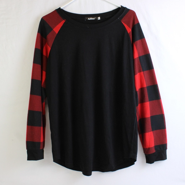 Aifer Women's XL Black with Red Plaid Long Sleeve Sleep Shirt