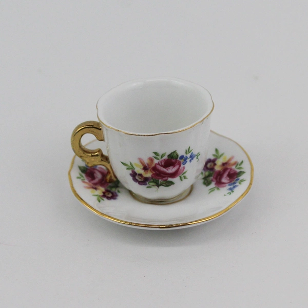 Victoria's Garden Pink Roses Purple Violets Gold Trim Miniature Cup & Saucer Set