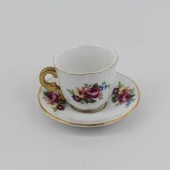 Victoria's Garden Pink Roses Purple Violets Gold Trim Miniature Cup & Saucer Set