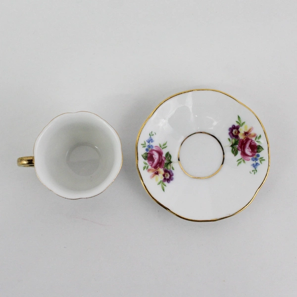 Victoria's Garden Pink Roses Purple Violets Gold Trim Miniature Cup & Saucer Set