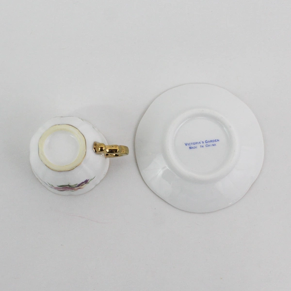 Victoria's Garden Pink Roses Purple Violets Gold Trim Miniature Cup & Saucer Set