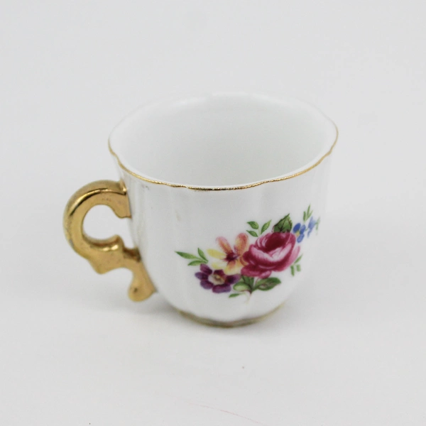 Victoria's Garden Pink Roses Purple Violets Gold Trim Miniature Cup & Saucer Set