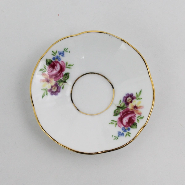 Victoria's Garden Pink Roses Purple Violets Gold Trim Miniature Cup & Saucer Set