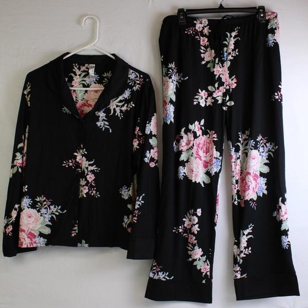 FN by Flora Nikrooz Black Floral Pajamas Set Women's XL 