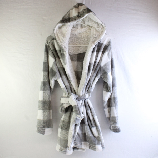 Colsie Women's XS/S Gray Plaid Long Sleeve Hooded Fuzzy Short Robe