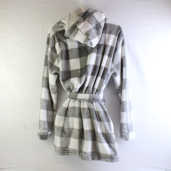Colsie Women's XS/S Gray Plaid Long Sleeve Hooded Fuzzy Short Robe