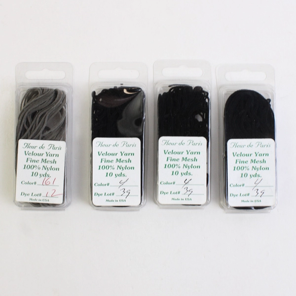 Lot of 4 Fleur de Paris Velour Yarn 10 yds. 100% Nylon, Black and Grey New 