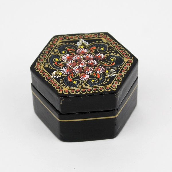 Vintage Black Lacquer Hexagon Painted Floral Motif Trinket Box with Lid