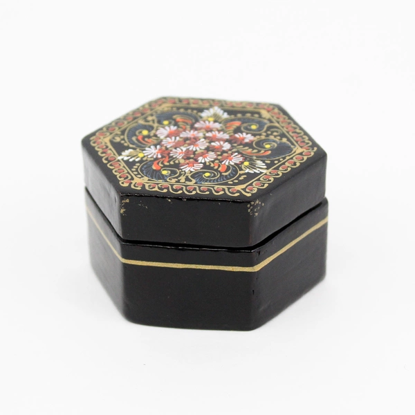 Vintage Black Lacquer Hexagon Painted Floral Motif Trinket Box with Lid