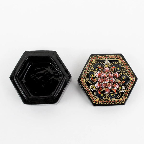 Vintage Black Lacquer Hexagon Painted Floral Motif Trinket Box with Lid