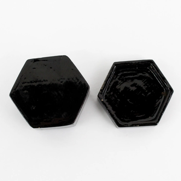 Vintage Black Lacquer Hexagon Painted Floral Motif Trinket Box with Lid
