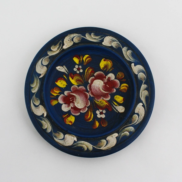Vtg Norwegian Hand Painted Rosemaling Wood Wall Plate 6” Blue Floral