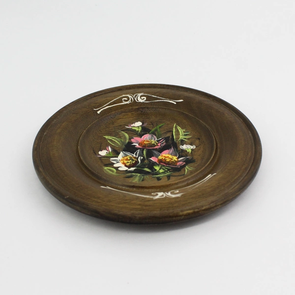 Vintage Hand-painted Rosemaling Folk Style Brown Wooden Plate  8”