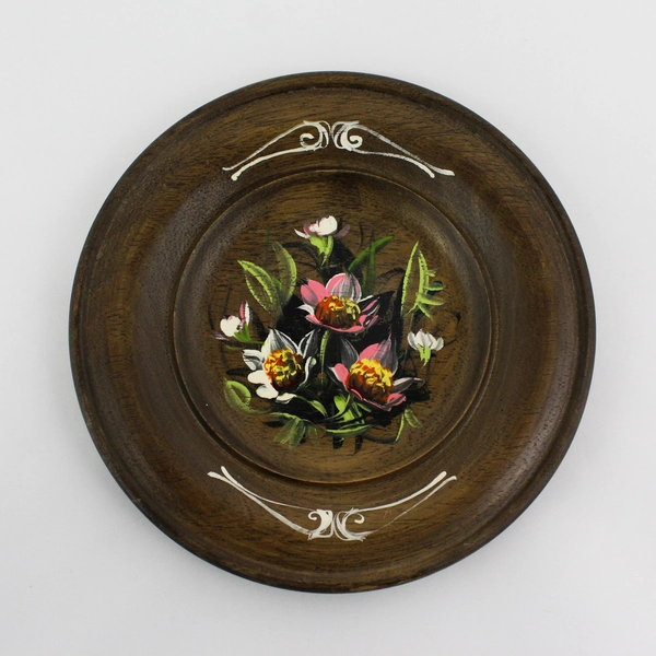 Vintage Hand-painted Rosemaling Folk Style Brown Wooden Plate  8”