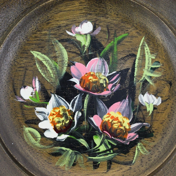 Vintage Hand-painted Rosemaling Folk Style Brown Wooden Plate  8”
