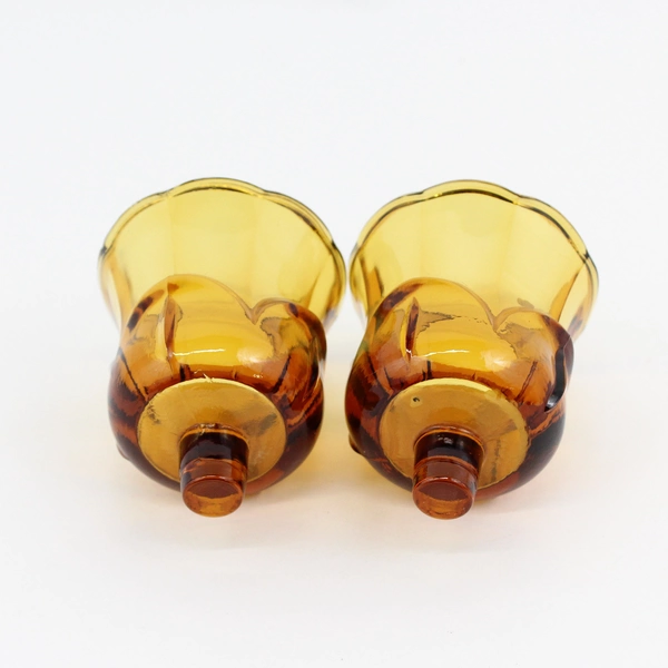 Vintage Pair Amber Glass Peg Votive Cup Candle Holder Scalloped Tulip Pattern