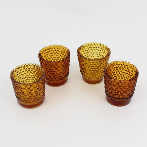 Lot of 4 Amber Glass Hobnail Votive Candle Holders Patterned Bottoms