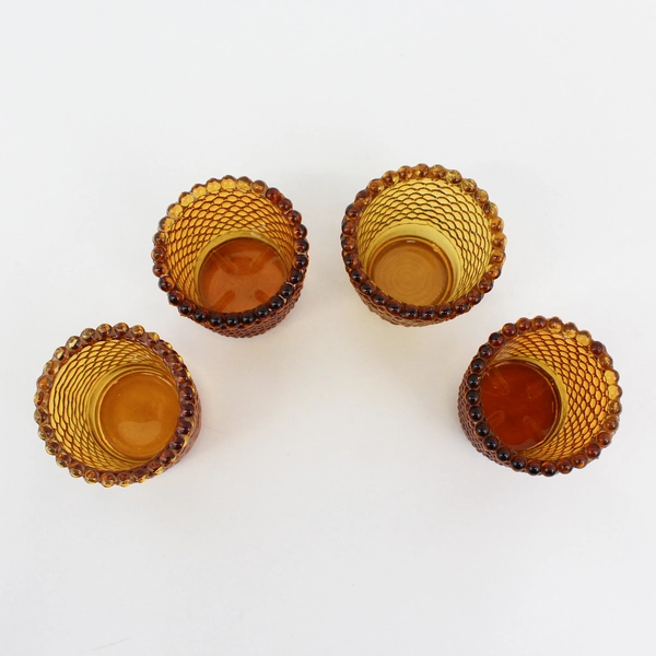 Lot of 4 Amber Glass Hobnail Votive Candle Holders Patterned Bottoms
