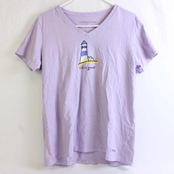 Life is Good Women's L Purple with Lighthouse Decal Short Sleeve T-Shirt