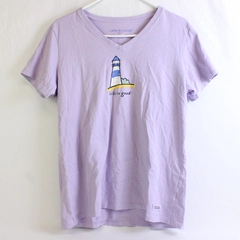 Life is Good Women's L Purple with Lighthouse Decal Short Sleeve T-Shirt