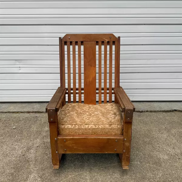 Antique Oak Arts & Crafts Spindle High Back Upholstered Rocking Chair